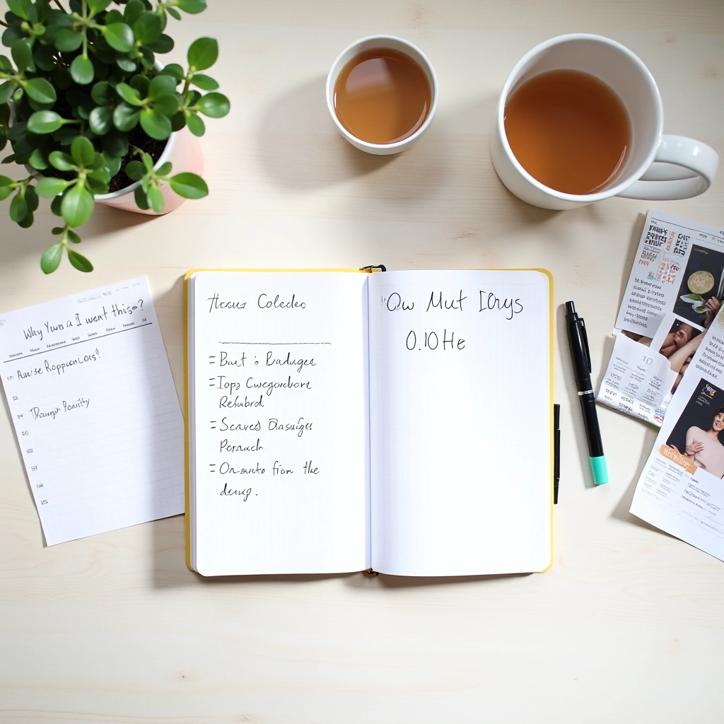 MindfulSpend Editorial Team workspace with research materials, notes, and content development resources spread across a clean desk